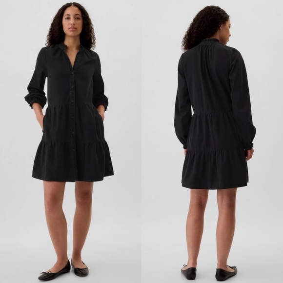 GAP Dresses & Skirts - GAP relaxed denim ruffle neck mini dress long sleeve washed black size medium